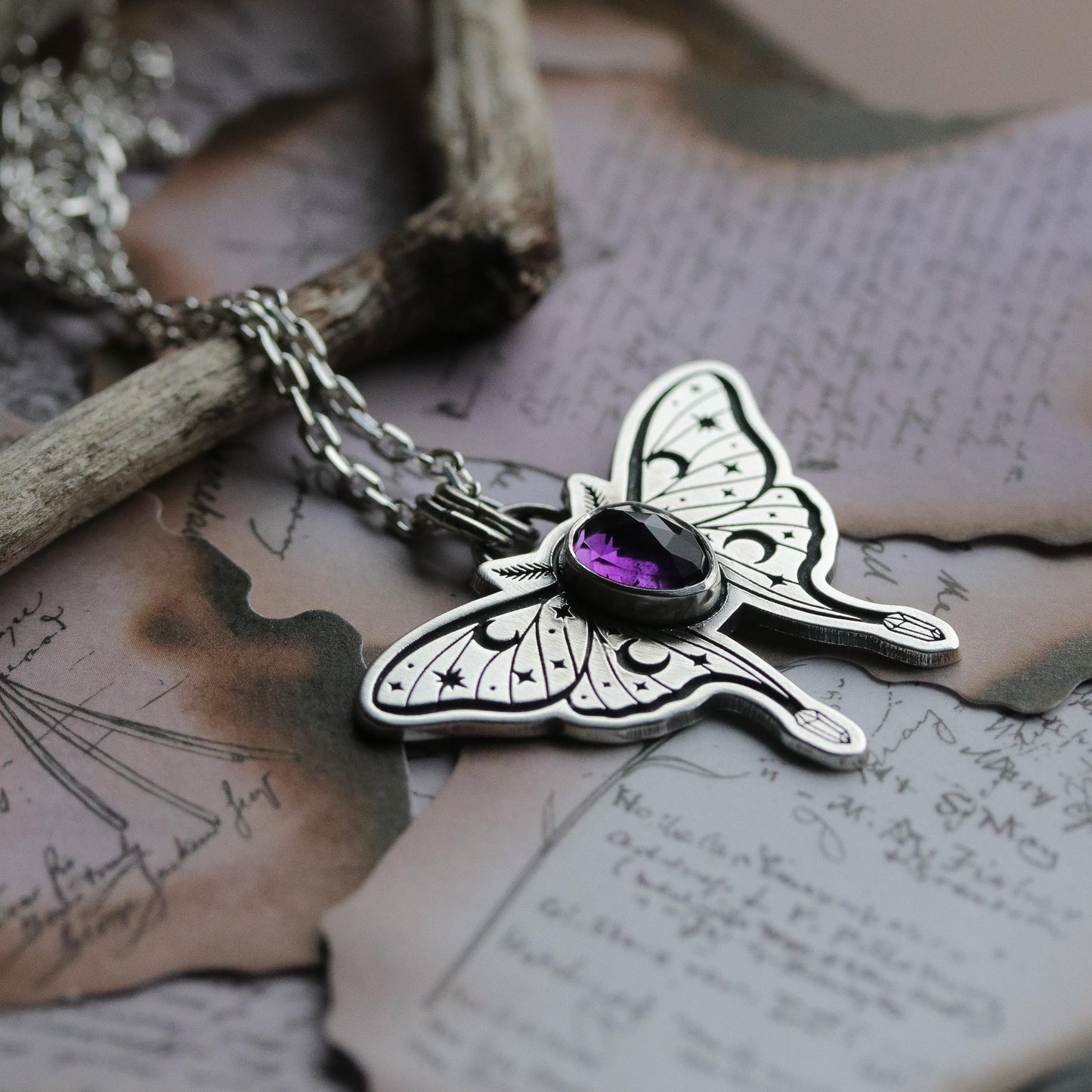 Amethyst Luna Moth Pendant