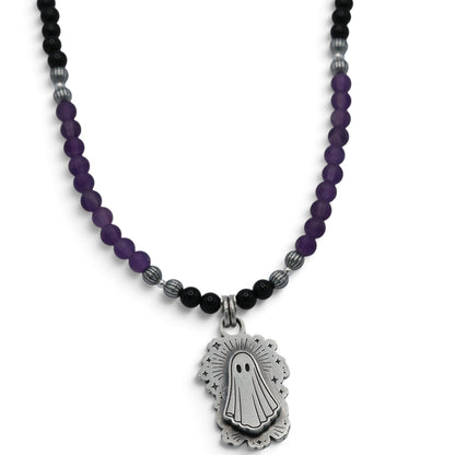 Floating Ghost - Amethyst & Onyx Beaded pendant