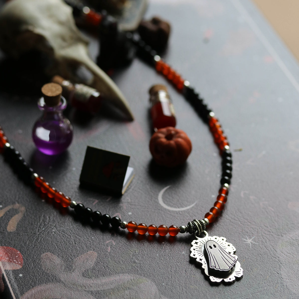Floating Ghost - Carnelian & Onyx Beaded pendant