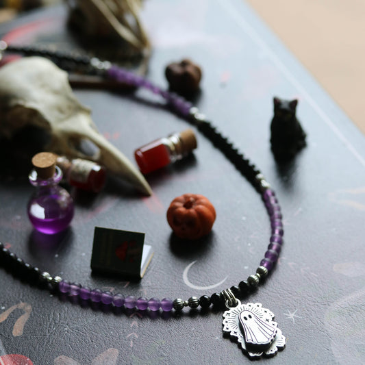 Floating Ghost - Amethyst & Onyx Beaded pendant