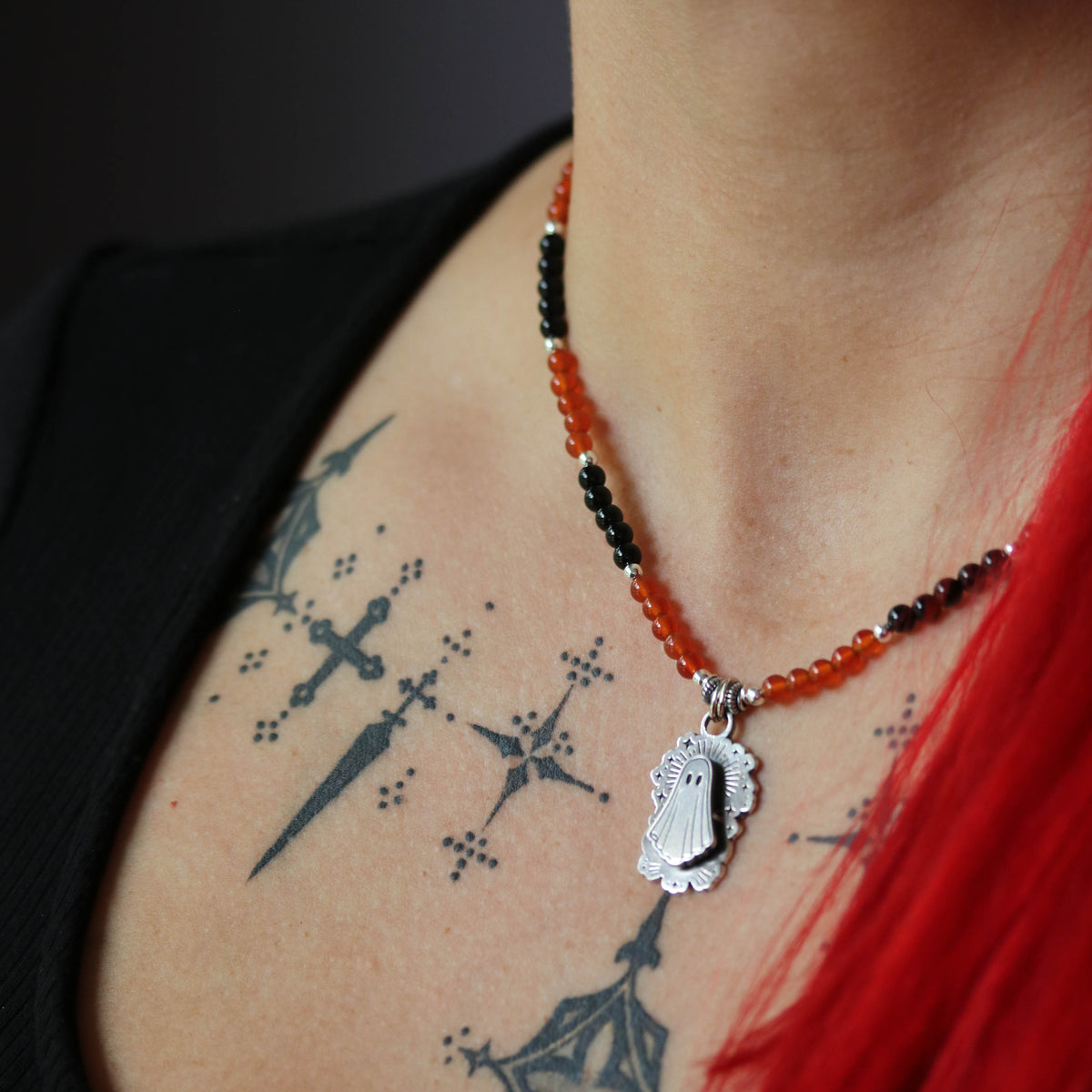 Floating Ghost - Carnelian & Onyx Beaded pendant
