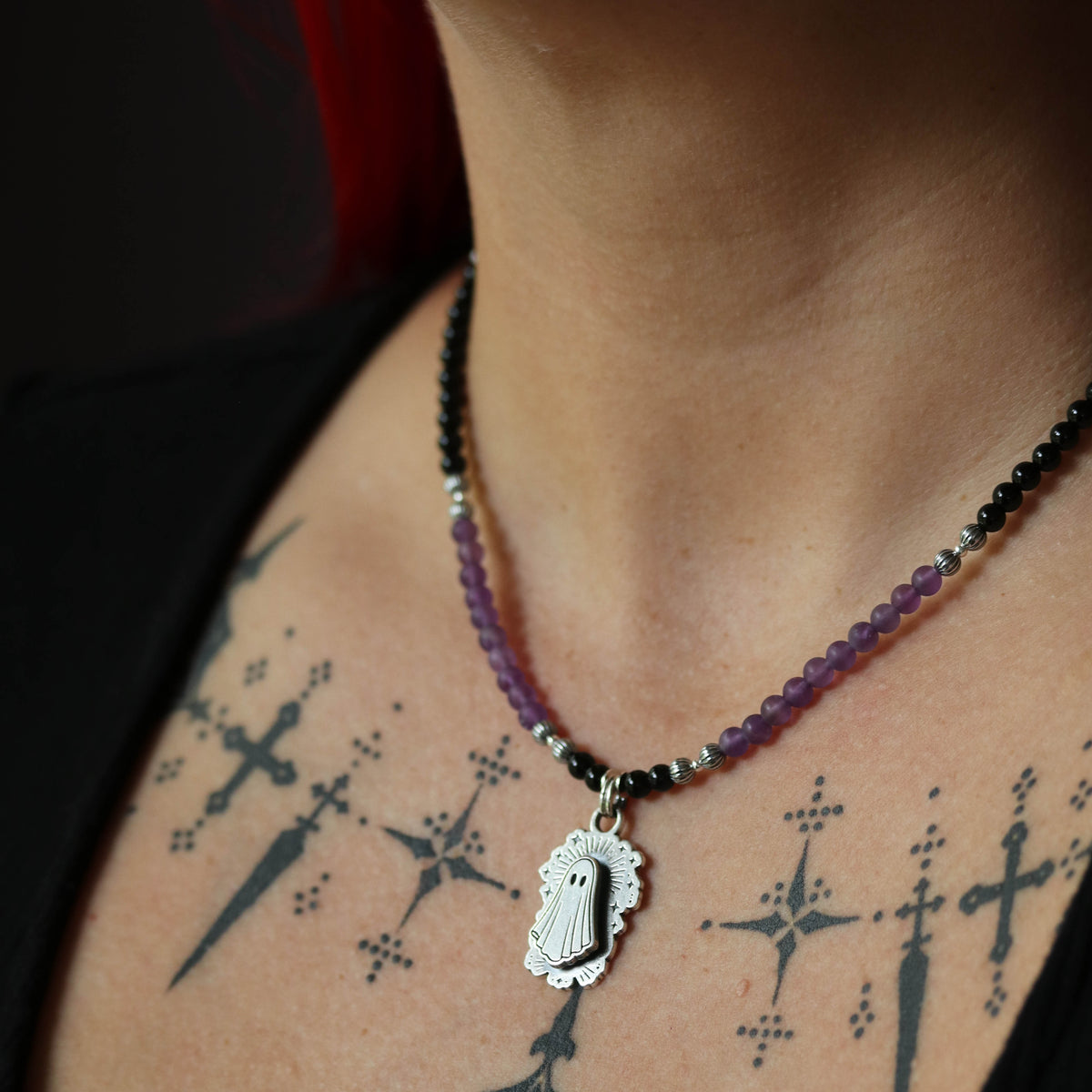Floating Ghost - Amethyst & Onyx Beaded pendant