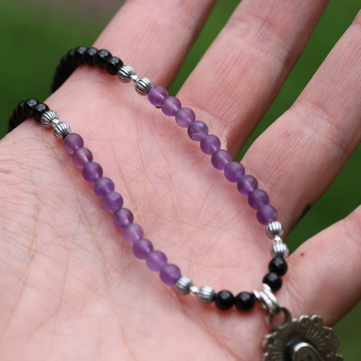Floating Ghost - Amethyst & Onyx Beaded pendant