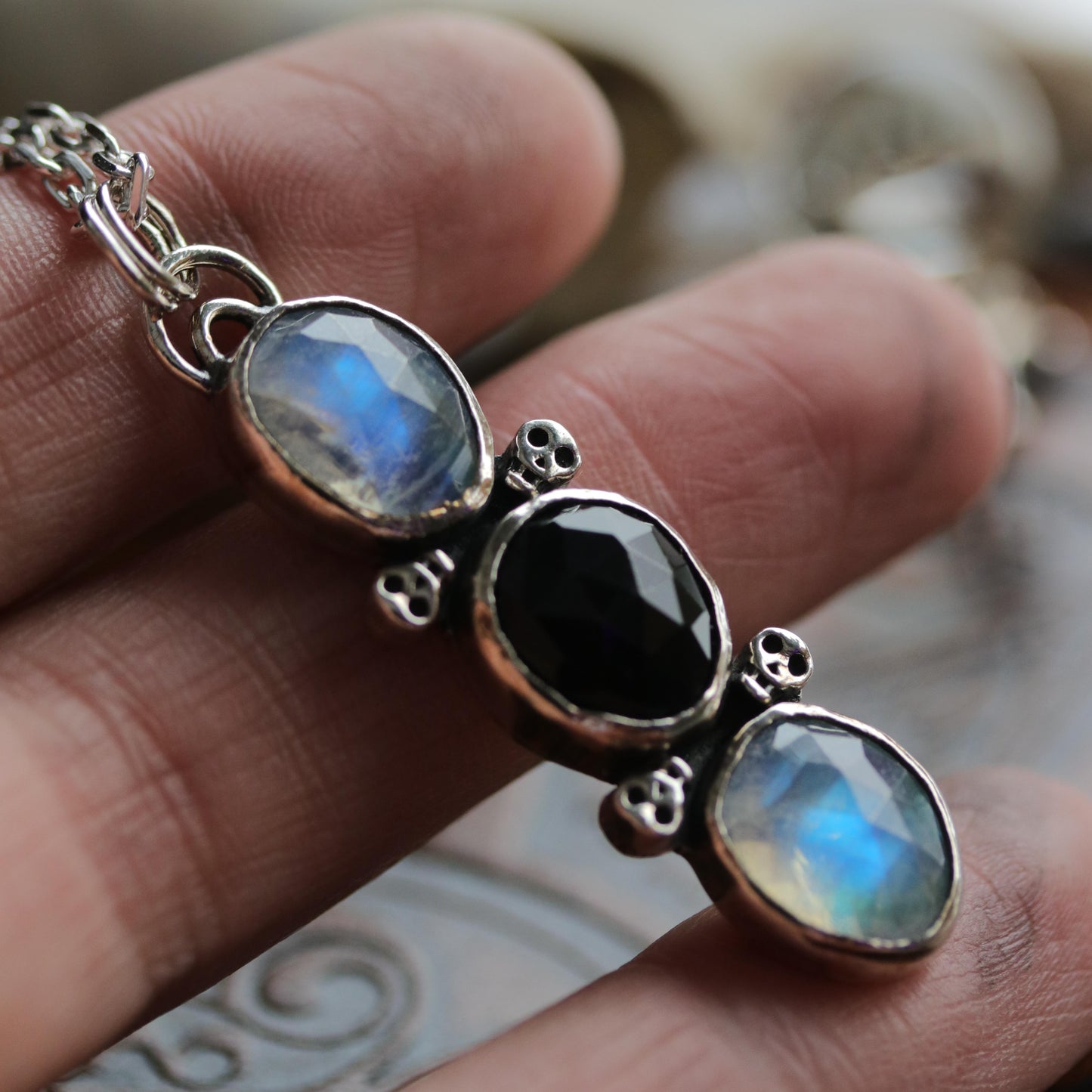 Skully Pendant - Moonstone & Onyx